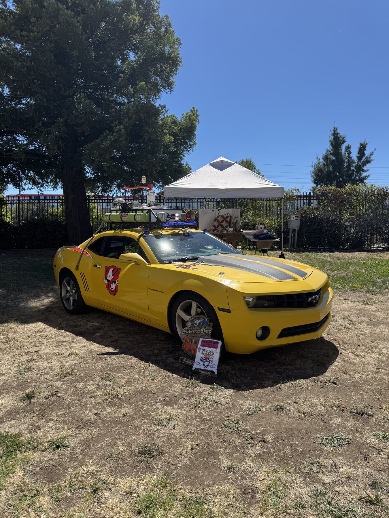 Bright yellow custom Camaro displayed outdoors