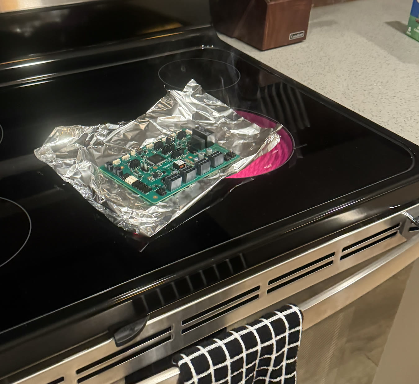 PCB reflowing inside a kitchen oven