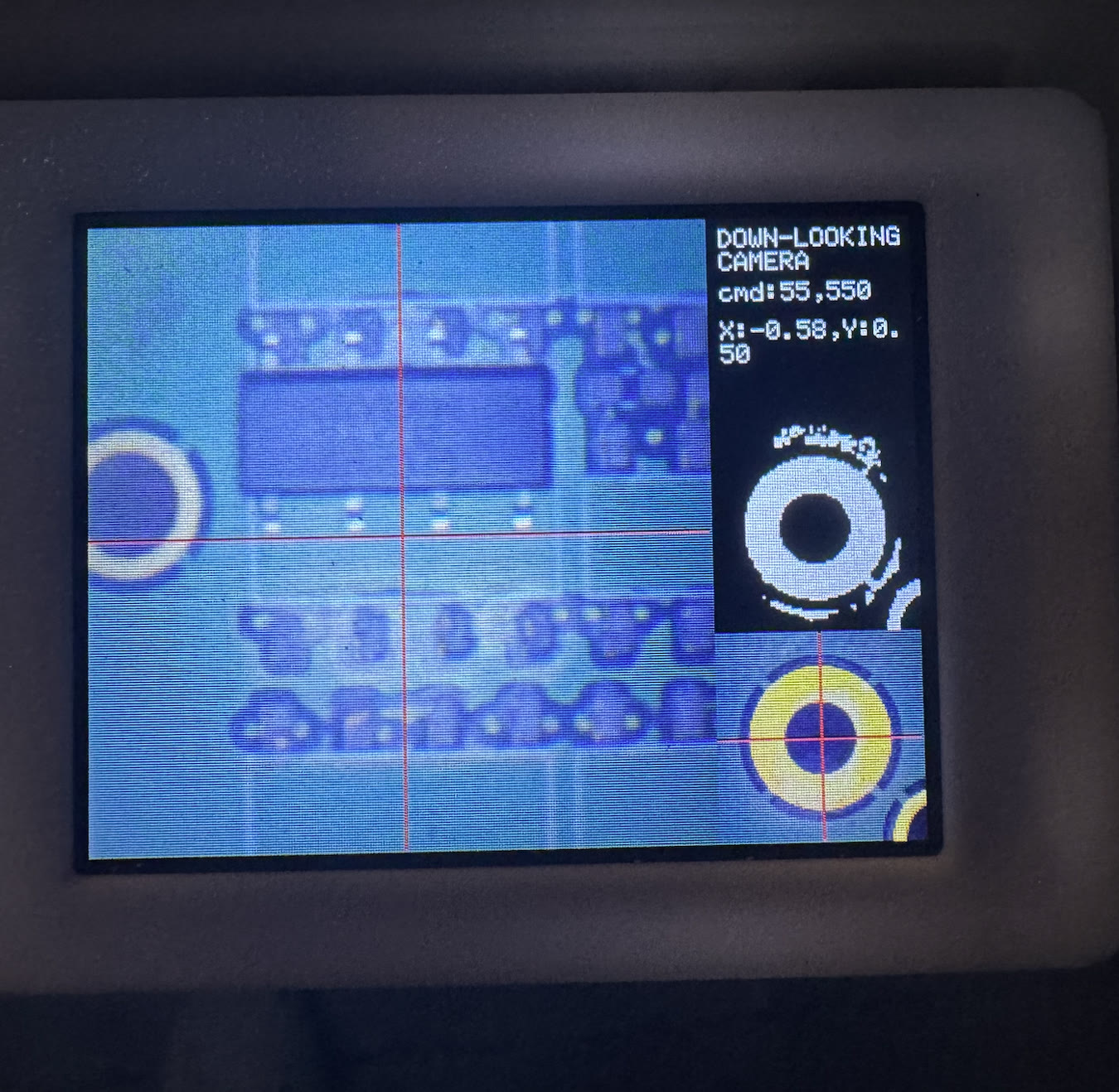 DIY pick-and-place machine camera view of a PCB