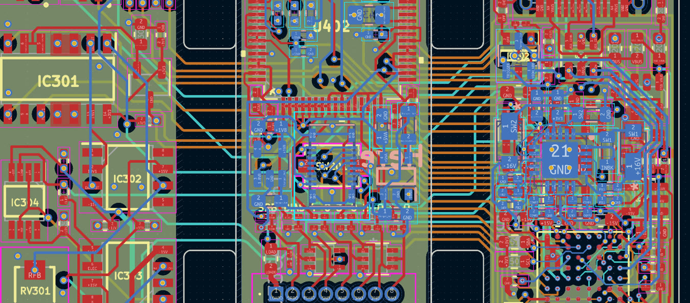 Dense mixed-signal PCB layout with power, analog, and digital routing